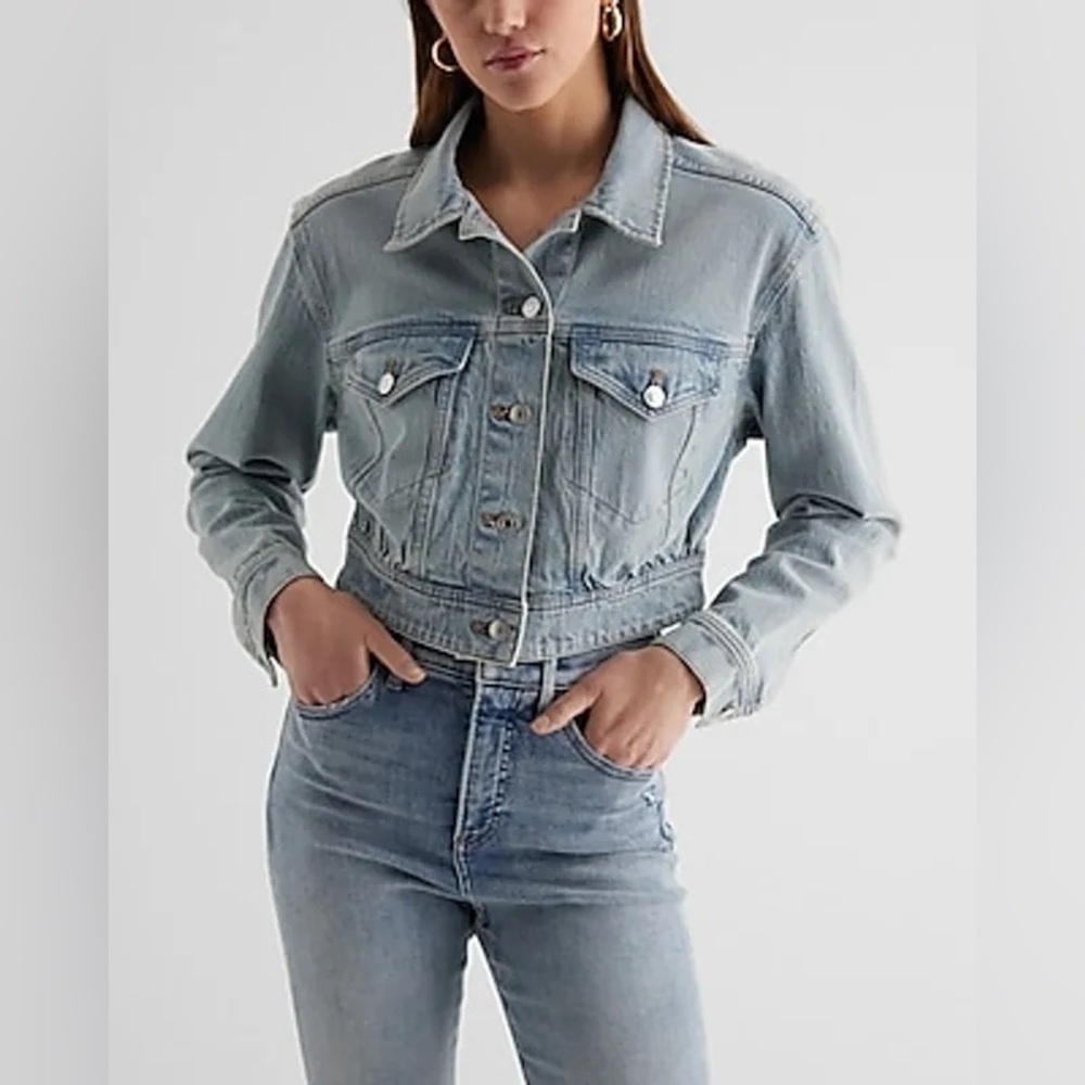 Express Light Blue Denim Cropped Trucker Jacket